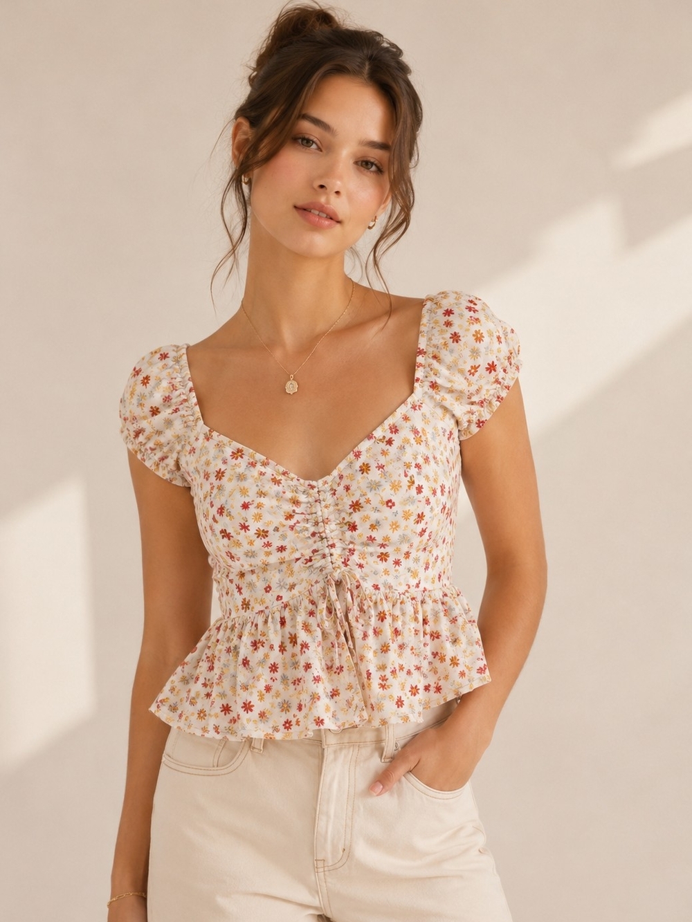Floral Ruched Babydoll Peplum Crop Top Puff short sleeves Milkmaid Summer M